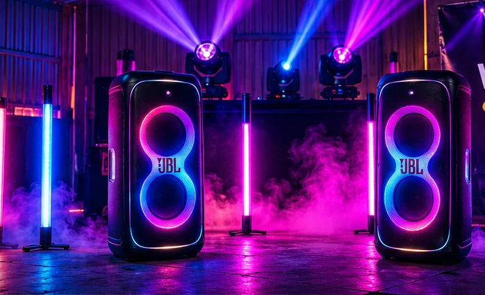 Illustrative two-speaker nightclub setup with moving coloured lights and LED lighting tubes