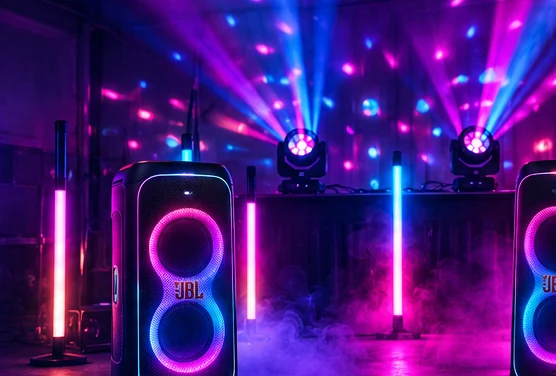 Illustrative nightclub atmosphere with colourful lighting, speakers and LED light sticks